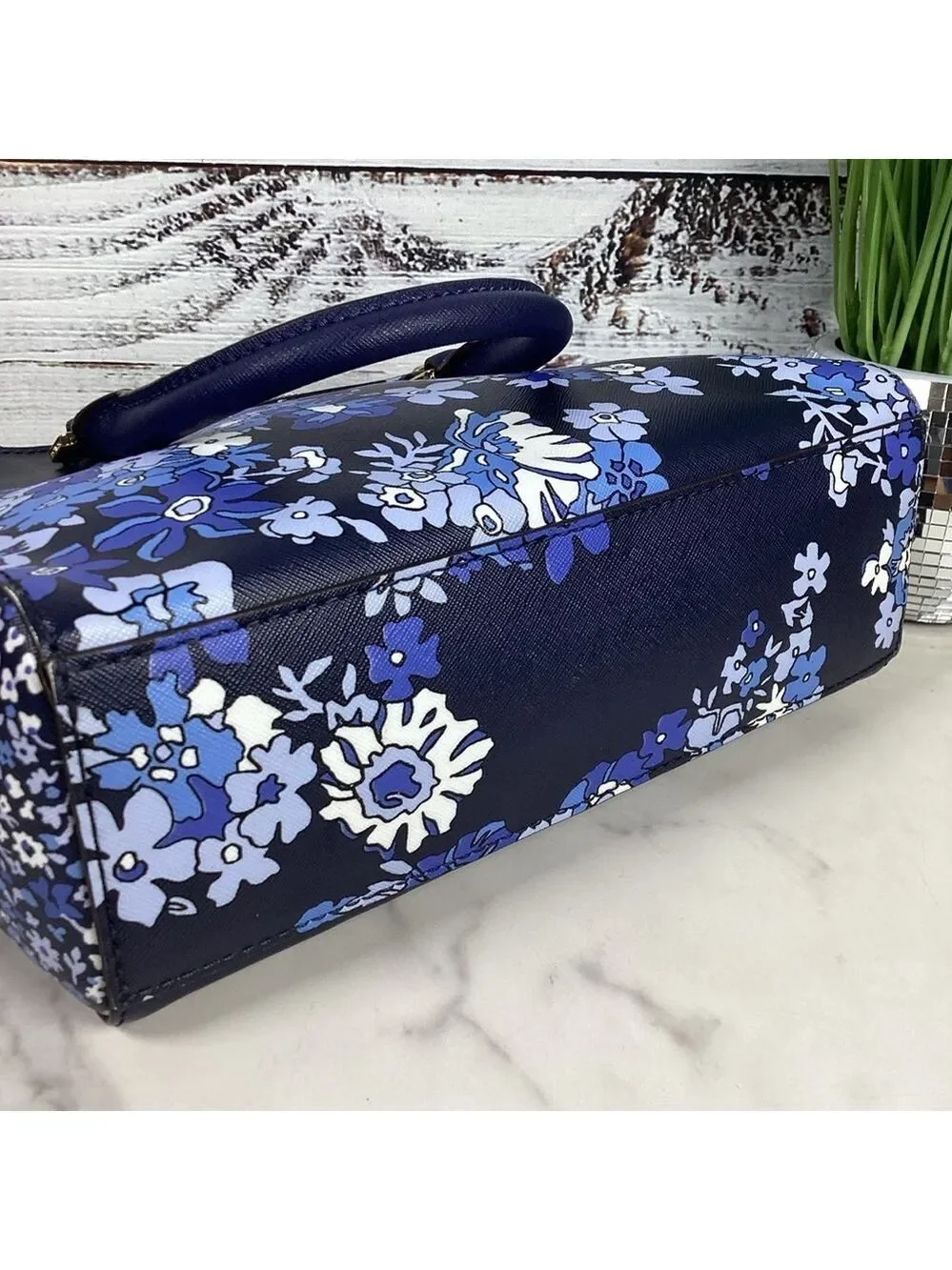 Michael Kors Kellen Blue hand bag Satchel with Floral Design Crossbody Purse guc